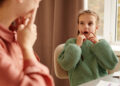 Little girl repeating for her teacher at the table, she learning to read in a right way