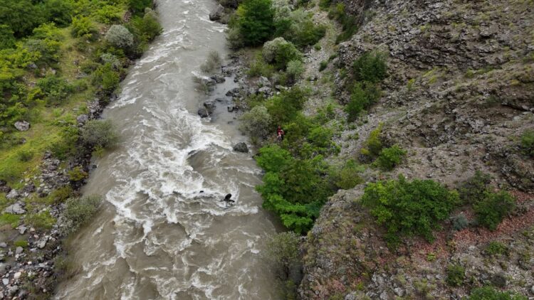 Artvin'de kontrolden çıkarak Çoruh Nehri’ne düşen otomobilde bulunan ve akıntıya kapıldığı belirtilen baba ve oğlu için arama-kurtarma çalışması sürüyor. Fotoğraf: Fatih TÜYSÜZ/Artvin,(DHA)