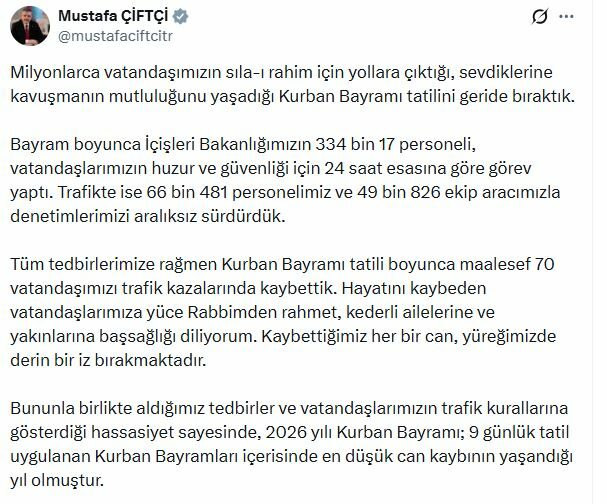 Bayram tatilindeki trafik kazalarında 70 kişi öldü