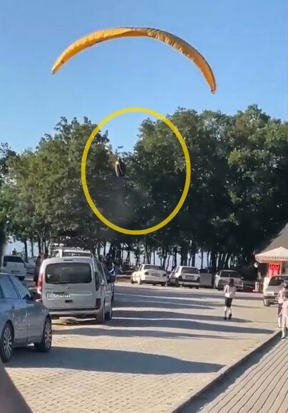 Paraşütçünün ağaca kontrollü inişi, çevredekileri endişelendirdi