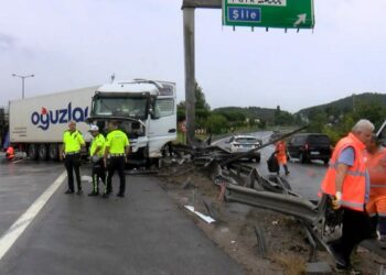 Pendik Tem Otoyolu’nda şoförün kontrolünü kaybettiği TIR bariyerlere çarptı