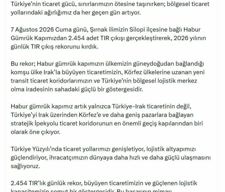 Bakan Bolat: Habur Gümrük Kapımızda 2026'nın günlük TIR çıkış rekorunu kırdık