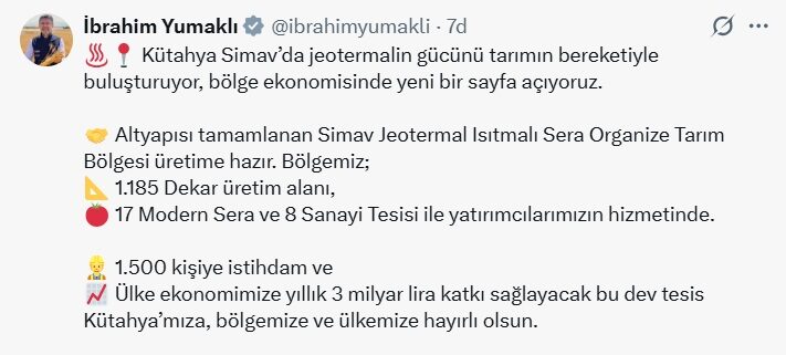 Bakan Yumaklı: Simav Jeotermal Isıtmalı Sera Organize Tarım Bölgesi üretime hazır