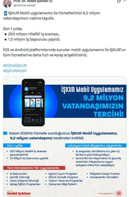İŞKUR Mobil uygulaması 9,2 milyon kişi tarafından indirildi