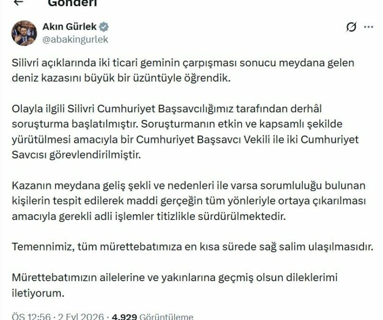 Bakan Gürlek: Silivri'deki gemi kazasıyla ilgili soruşturma başlatıldı