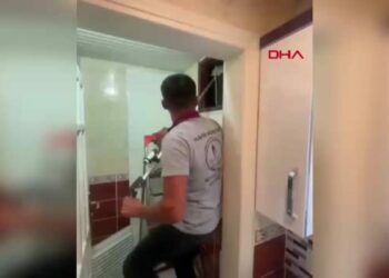 Apartmanın havalandırma bacasına düşen kedi kurtarıldı