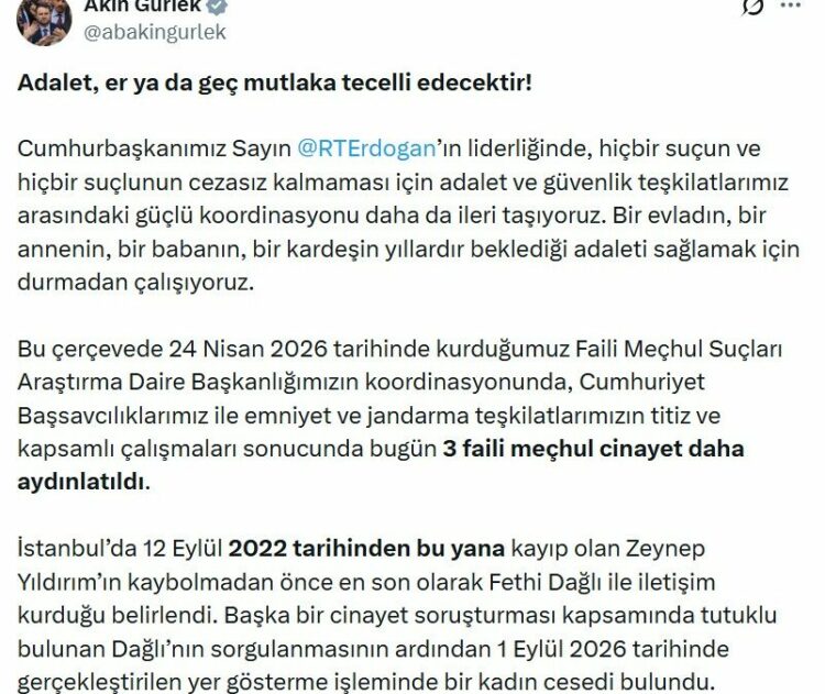 Bakan Gürlek: 3 faili meçhul cinayet daha aydınlatıldı