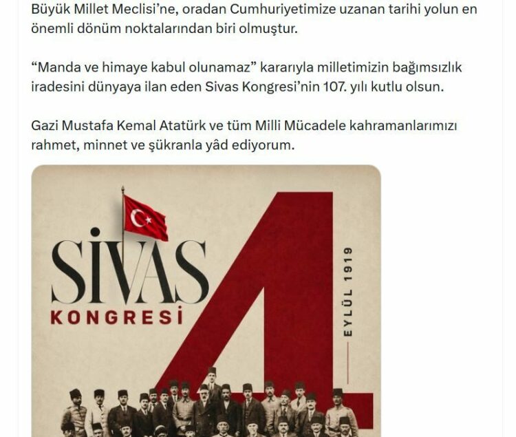 Cevdet Yılmaz'dan 'Sivas Kongresi'nin yıl dönümü paylaşımı