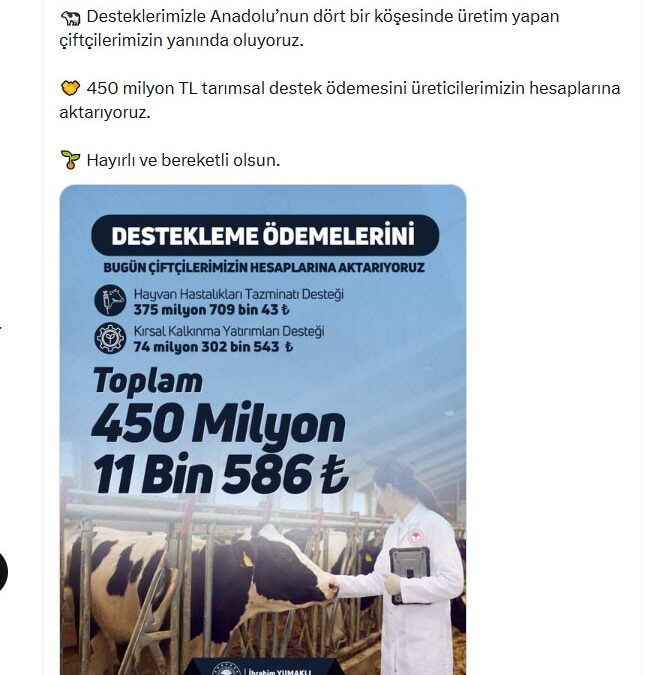 Üreticilere 450 milyon TL tarımsal destek