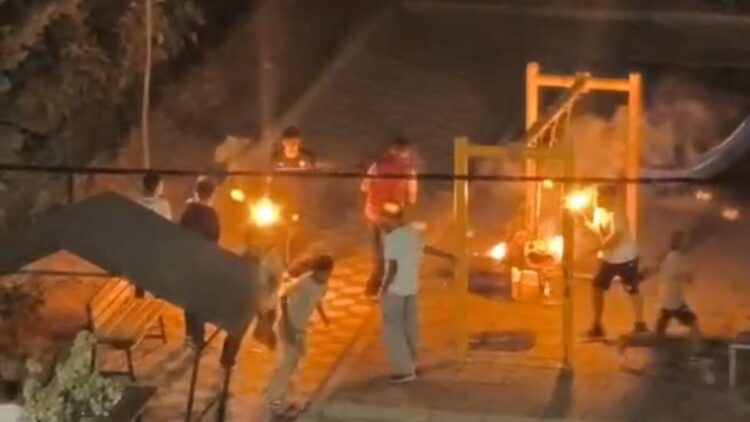 Tutuşturdukları sopalarla parktaki çocukları korkuttular