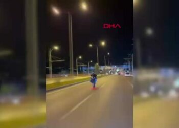 Motosikletlinin tek teker üzerinde tehlikeli yolculuğu kamerada
