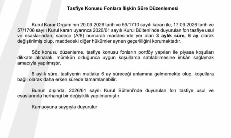 SPK, fonların tasfiyesinde süreyi 6 aya çıkardı