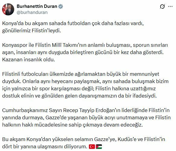 İletişim Başkanı Duran: Konya’dan yükselen selamın Filistin’in dört bir yanına ulaşmasını diliyorum