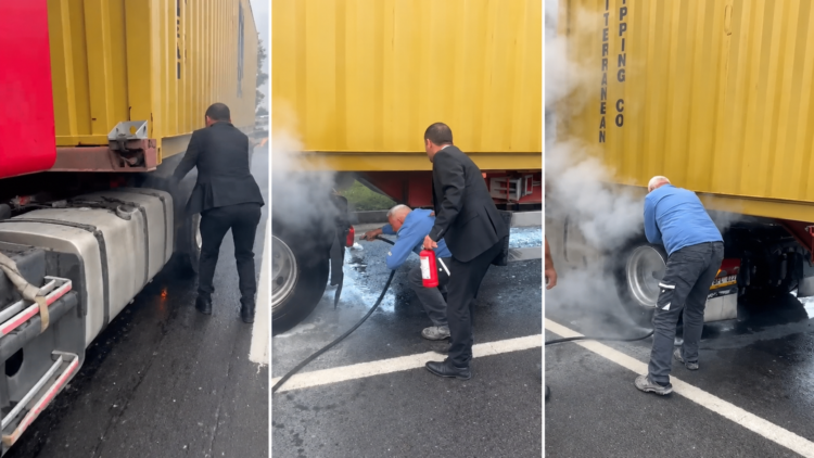 TIR'ın lastiklerinde çıkan yangına ilk müdahaleyi Yeni Parti ilçe başkanı yaptı