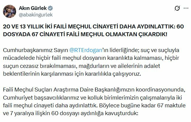 Bakan Gürlek: 2 faili meçhul dosyayı daha aydınlattık