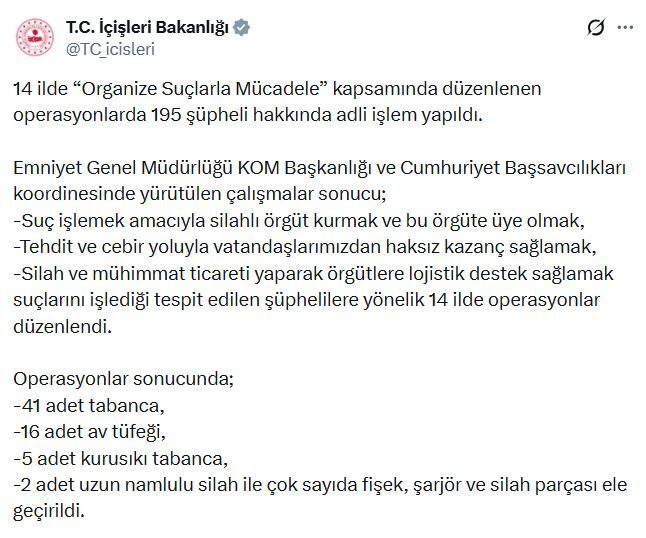 14 ilde organize suçlarla mücadele operasyonu: 195 şüpheliye adli işlem