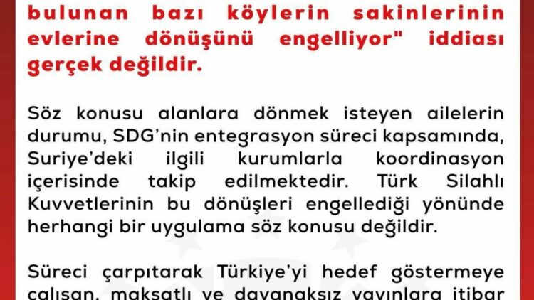 DMM'den TSK'nın Resulayn'da dönüşleri engellediği iddiasına yalanlama