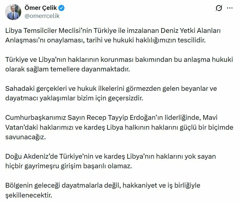 AK Parti'li Çelik: Deniz Yetki Alanları Anlaşması'nın onaylanması, tarihi ve hukuki haklılığımızın tescilidir