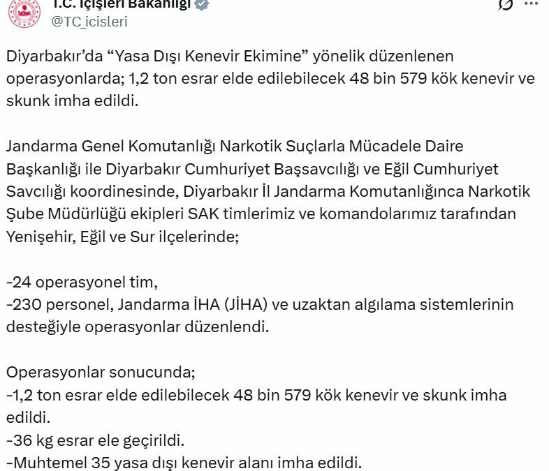 Diyarbakır'da 48 bin kök kenevir ve skunk imha edildi