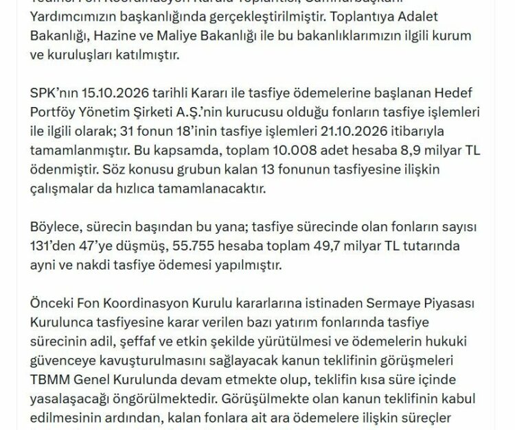 Fon Kurulu'ndan 7'nci toplantı: Tasfiye sürecindeki fon sayısı 131'den 47'e düştü