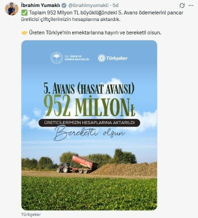 Pancar üreticilerine 952 milyon lira avans ödemesi