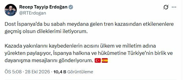Cumhurbaşkanı Erdoğan'dan İspanya'ya geçmiş olsun mesajı