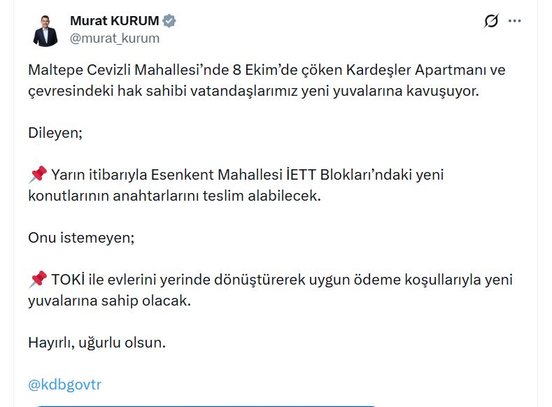 Bakan Kurum: Maltepe'deki hak sahipleri için yeni konutlar hazır